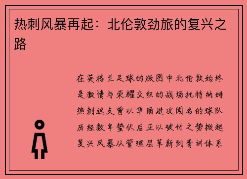 热刺风暴再起：北伦敦劲旅的复兴之路