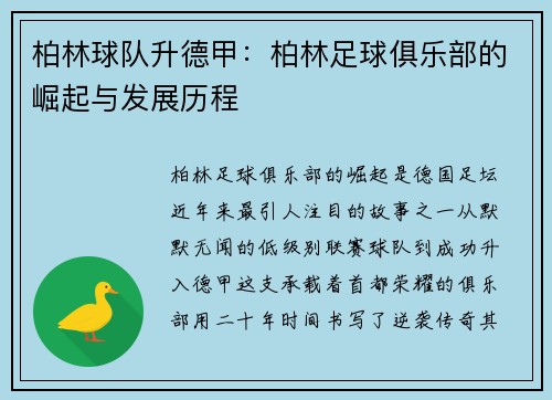 柏林球队升德甲：柏林足球俱乐部的崛起与发展历程